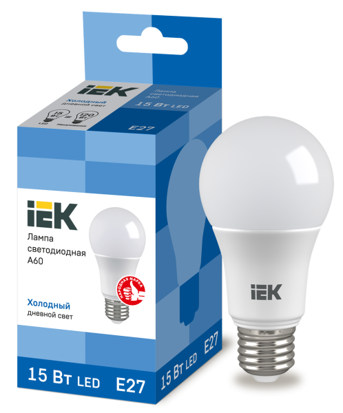Лампа светодиодная IEK A60, 15 Вт, 230 В, 6500 К, E27