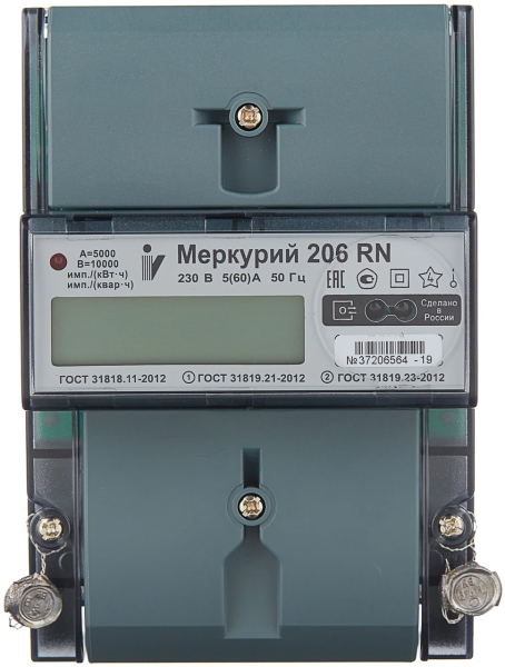 Счетчик однофазный многотарифный Меркурий 206 RN, 230 В, 60 А, оптопорт, RS485 — фото, характеристики