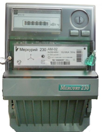 Счетчик электроэнергии Меркурий-230 AM-02, 3-фазный, (10)100 А, 400 В, однотарифный — фото, характеристики
