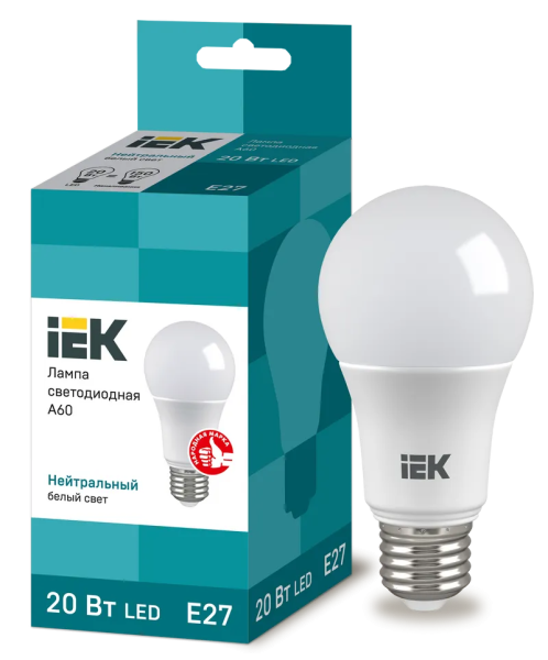 Лампа светодиодная IEK A60, 20 Вт, 230 В, 4000 К, E27