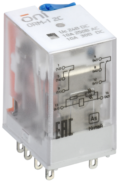 Реле интерфейсное ONI ORM-1-2C, 2 контакта, 10 А, катушка 24 В DC, с индикацией и тест-кнопкой — фото, характеристики