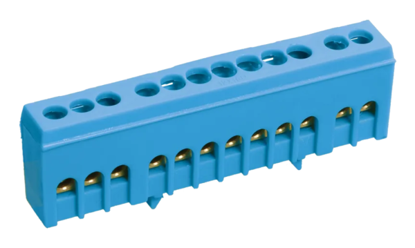 Шина N (нулевая) IEK ШНИ-6х9-8-К-С, 100 А, 8хМ4, в корпусном изоляторе, на DIN-рейку, синий — фото, характеристики