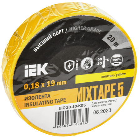 Изолента MIXTAPE5 0.18х19мм 5кВ желтая 20м (-30..+50С) IEK — фото, характеристики