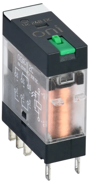 Реле промежуточное промышленное OGR-1-2C 2SPDT 8А Uупр=24VDC индикация и кнопка "тест" ONI — фото, характеристики