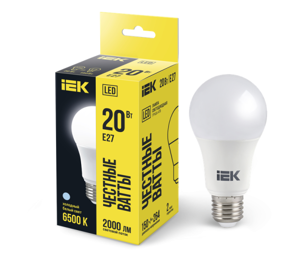 Лампа светодиодная IEK A60, 20 Вт, 230 В, 6500 К, E27