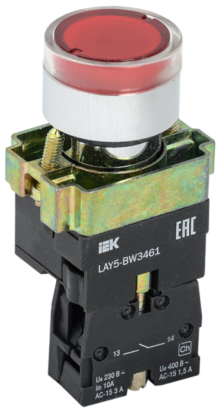 Кнопка IEK LAY5-BW3461 с подсветкой 240 В, 1NC, красная, IP40 — фото, характеристики
