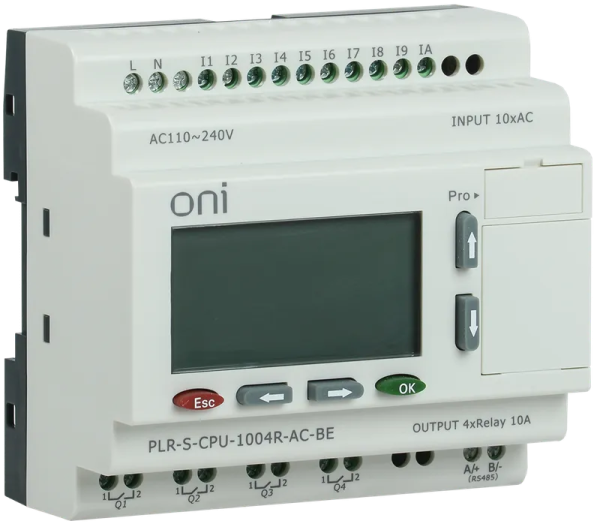Логическое реле ONI PLR-S CPU1004(R), 10DI, 4RO, 230 В AC, RS485, с экраном — фото, характеристики