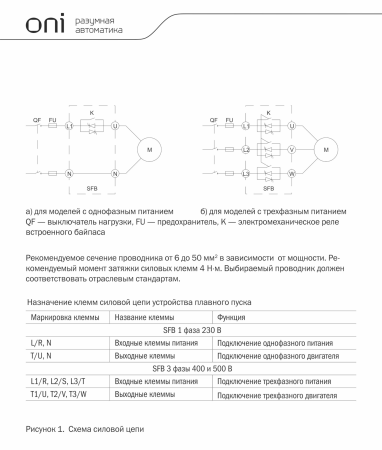 Устройство плавного пуска ONI SFB, 3Ф, 11 кВт, 22 A, управление 110-240 В, Modbus — фото, характеристики