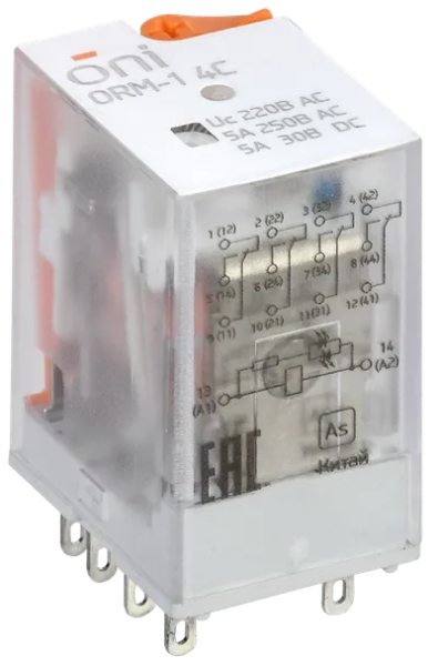 Реле интерфейсное ONI ORM-1-4C, 4 контакта, 5 А, катушка 230 В AC, с индикацией и тест-кнопкой — фото, характеристики