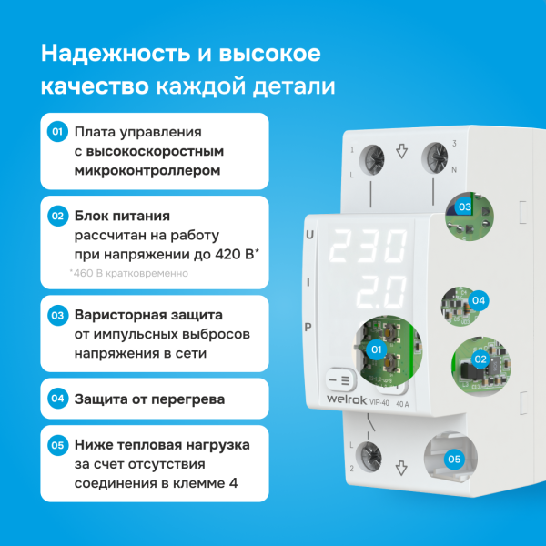 Многофункциональное реле контроля напряжения Welrok VIP-40 L+N 40А 120-280 В — фото, характеристики