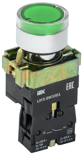 Кнопка IEK LAY5-BW3361 с подсветкой 240 В, 1NO, зеленая, IP40 — фото, характеристики