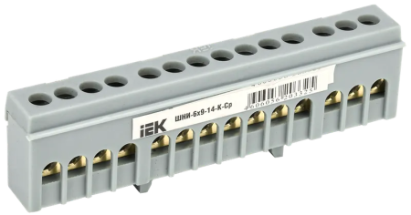 Шина L (фазная) IEK ШНИ-6х9-14-К-Ср, 100 А, 14хМ4, в корпусном изоляторе, на DIN-рейку, серый — фото, характеристики