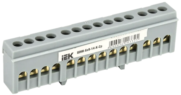 Шина L (фазная) IEK ШНИ-6х9-14-К-Ср, 100 А, 14хМ4, в корпусном изоляторе, на DIN-рейку, серый — фото, характеристики