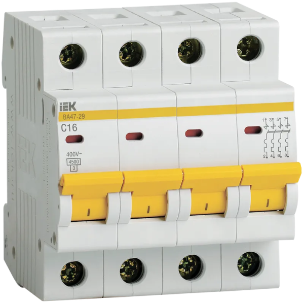 Автоматический выключатель IEK ВА47-29, 4P, 16 А, 4.5 кА, С