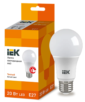 Лампа светодиодная IEK A60, 20 Вт, 230 В, 3000 К, E27