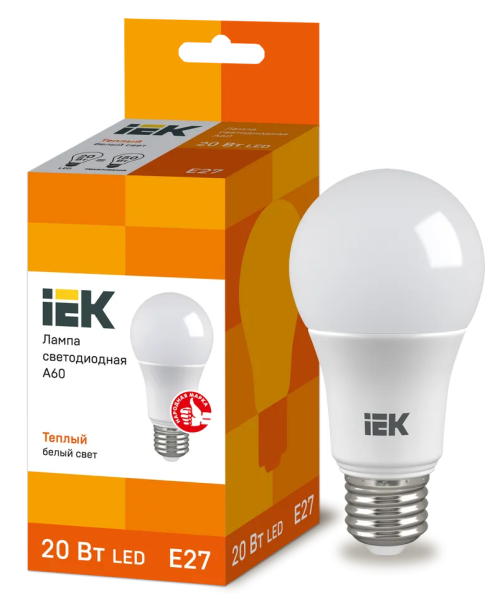 Лампа светодиодная IEK A60, 20 Вт, 230 В, 3000 К, E27