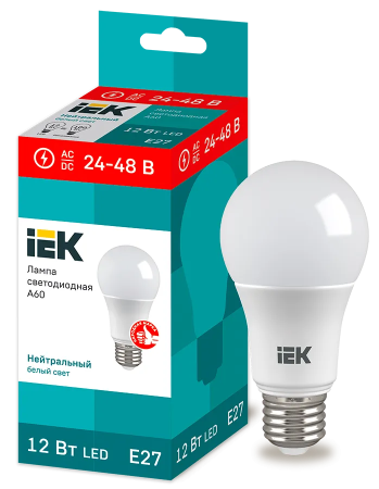 Лампа светодиодная низковольтная IEK A60, 12 Вт, 24-48 В, 4000 К, E27 — фото, характеристики