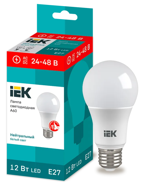 Лампа светодиодная низковольтная IEK A60, 12 Вт, 24-48 В, 4000 К, E27